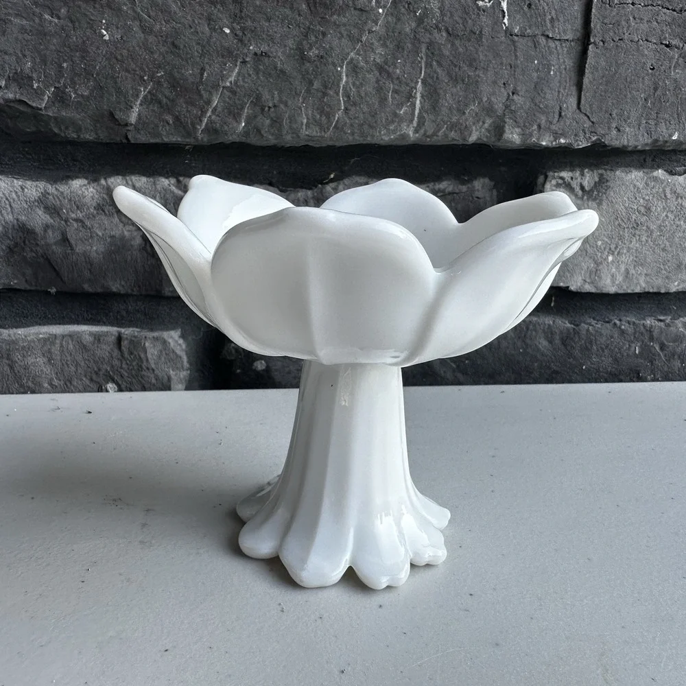 Vtg Westmoreland Milk Glass Lotus Flower Pedestal Candle Holder Trinket Dish